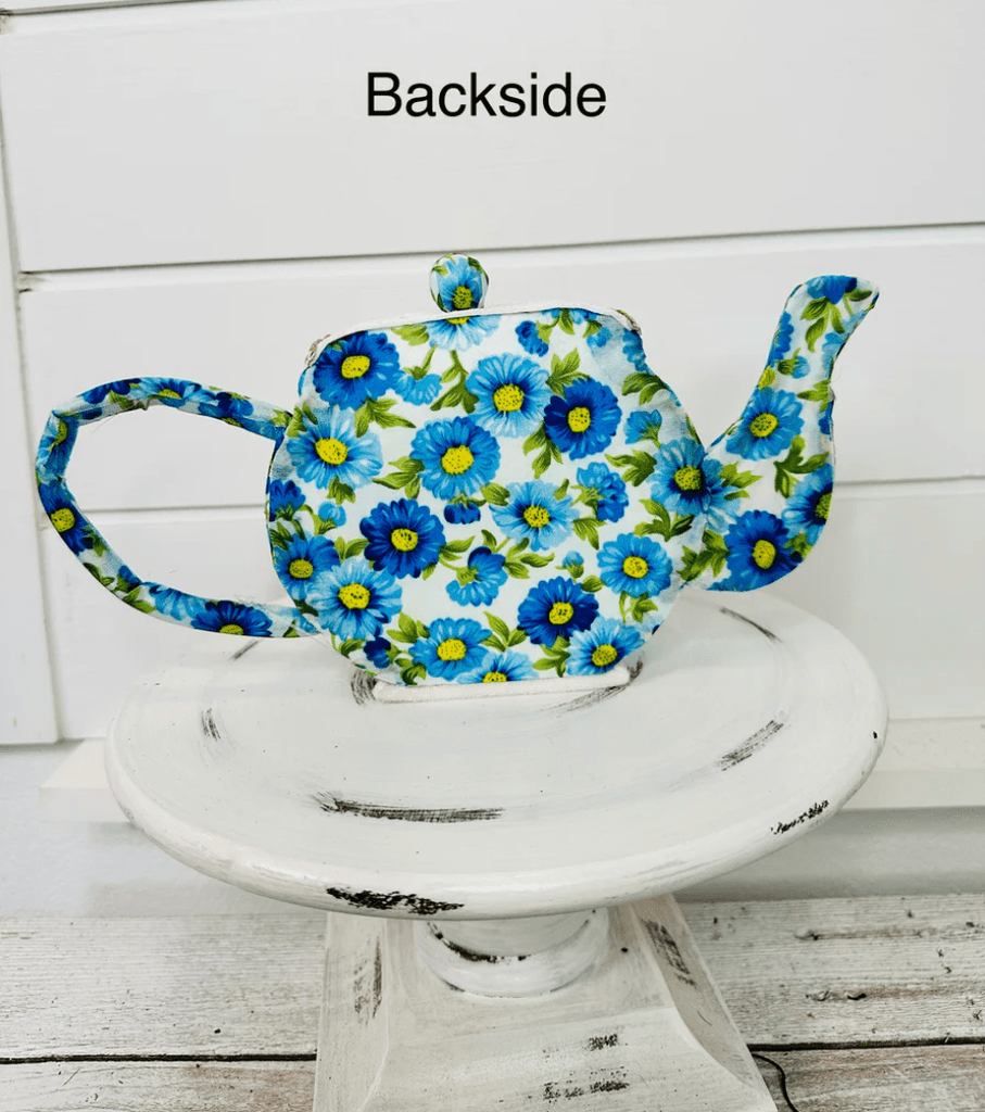 6"H Tea Pot: White, Blue, Gold - 63202BL - White Bayou Wreaths & Supply