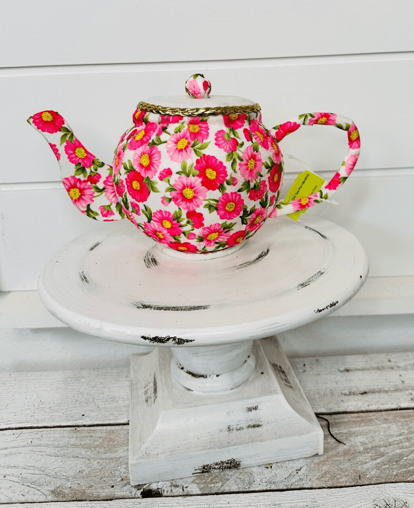 6"H Tea Pot: White, Pink, Gold - 63202PK - White Bayou Wreaths & Supply