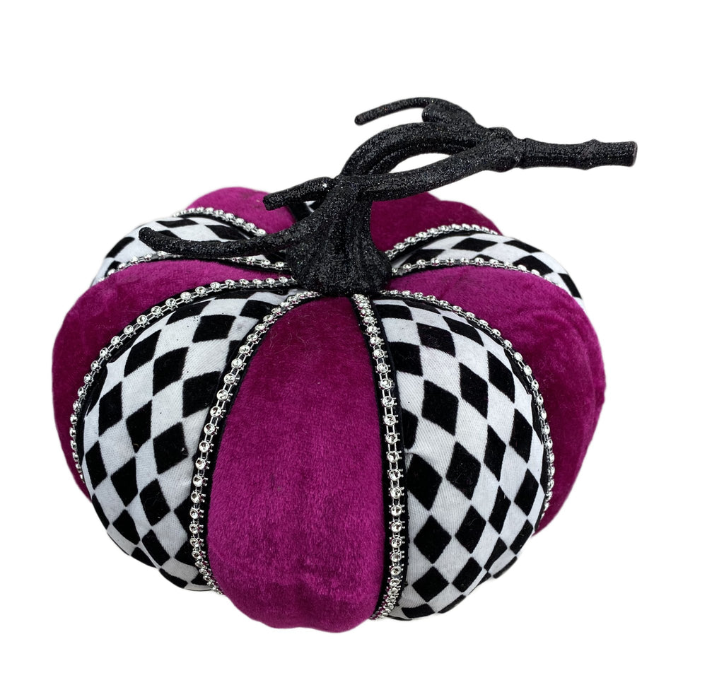 6"H Velvet Harlequin Rhinestone Pumpkin: Black, White, Fuchsia - 56531BKWTBT - White Bayou Wreaths & Supply