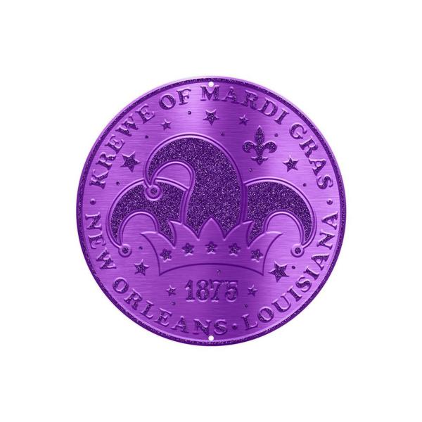 8" Dia Mardi Gras Jester Hat Doubloon Coin Sign: Purple - MD1037 - White Bayou Wreaths & Supply