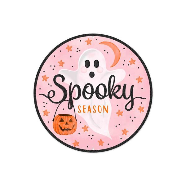 8" Dia Metal / Glitter Spooky Ghost Sign: Pink, Orange, Black, White - MD1184 - White Bayou Wreaths & Supply