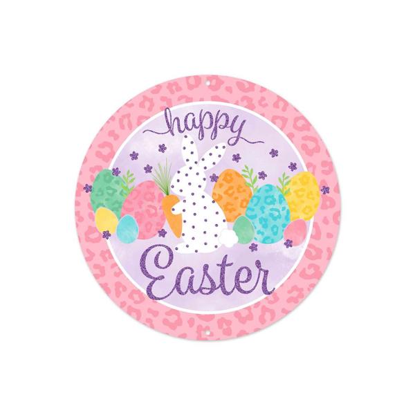 8" Diameter Glitter/Leopard Happy Easter Metal Sign - MD0950 - White Bayou Wreaths & Supply