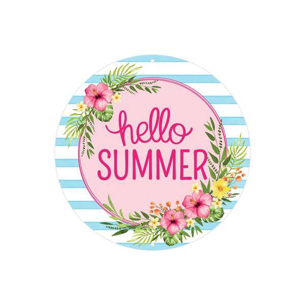 8" Diameter Hello Summer Floral Wreath Metal Sign - MD0948 - White Bayou Wreaths & Supply