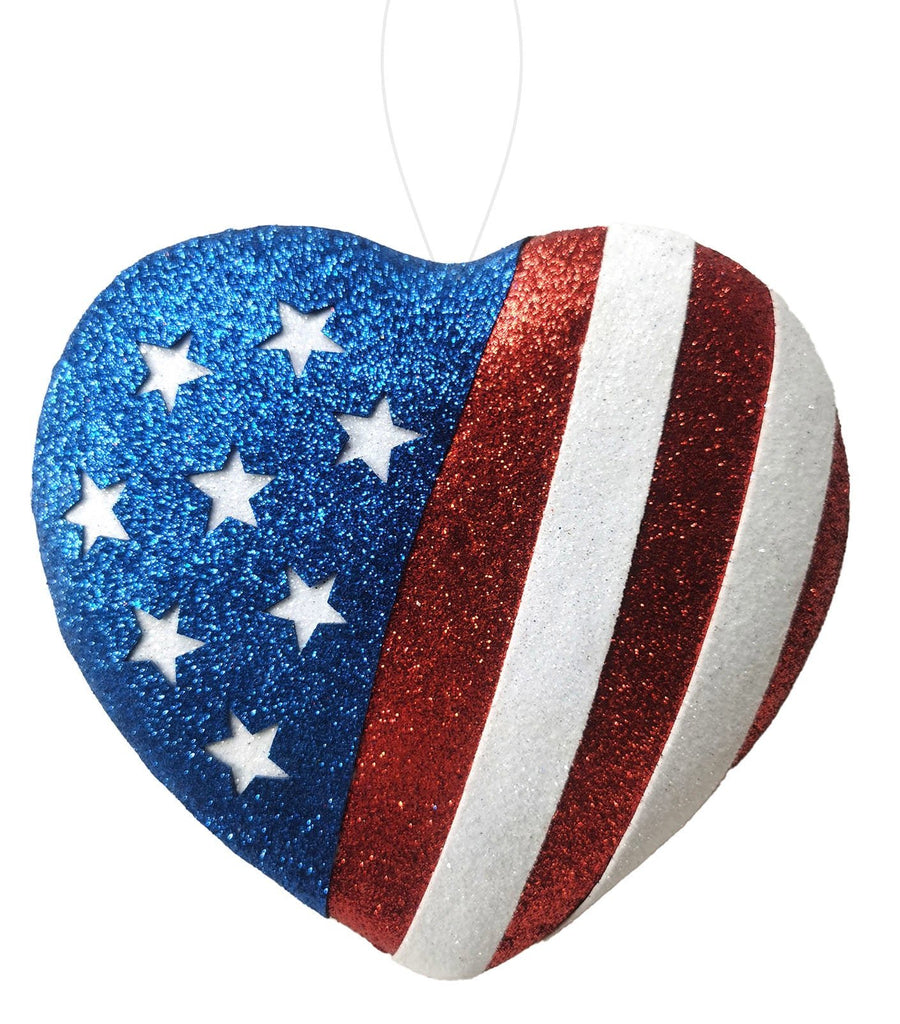 8"H Patriotic Glitter Heart Ornament: Red, White, Blue - HJ9059 - White Bayou Wreaths & Supply