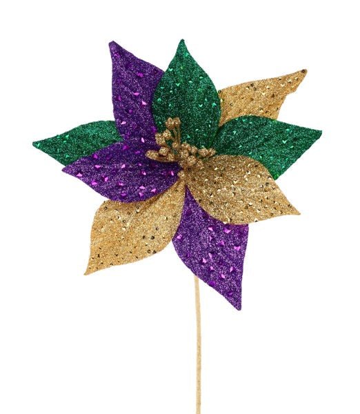 9" Dia Glitter Poinsettia On 10"L Stem: Mardi Gras - HG3268 - White Bayou Wreaths & Supply