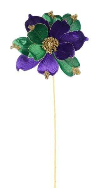 9" Dia Velvet/Glitter Magnolia Stem: Mardi Gras - HG3307 - White Bayou Wreaths & Supply