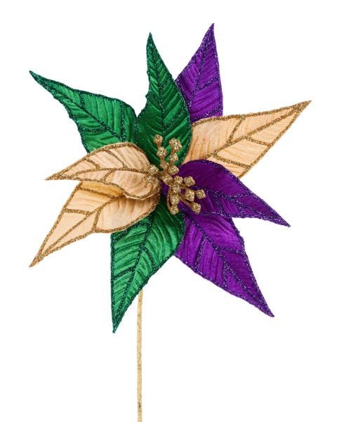 9.5" Dia Velvet Poinsettia On 8"L Stem: Mardi Gras - HG3271 - White Bayou Wreaths & Supply