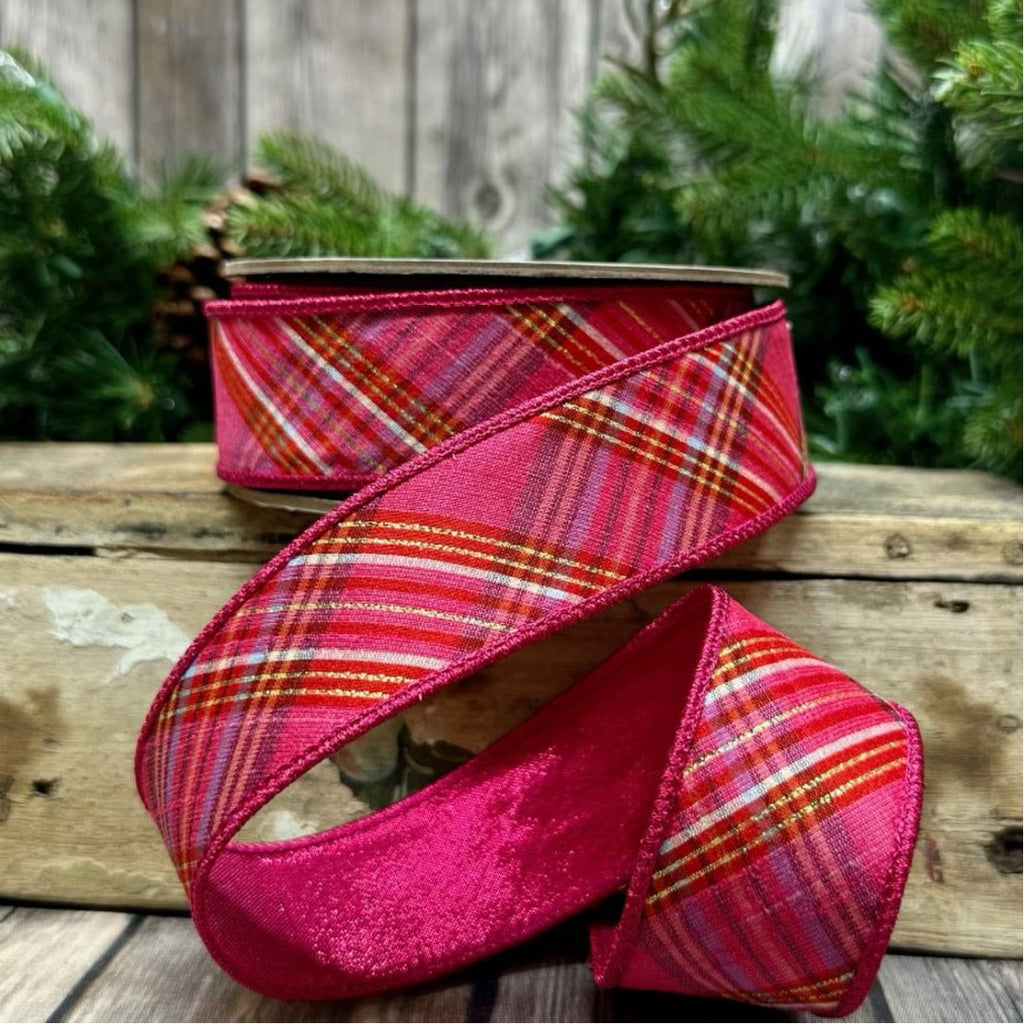 D. Stevens 1.5" Diagonal Dupioni Plaid: Red, Hot Pink, White, Gold (10 Yards) 05 - 1226 - White Bayou Wreaths & Supply