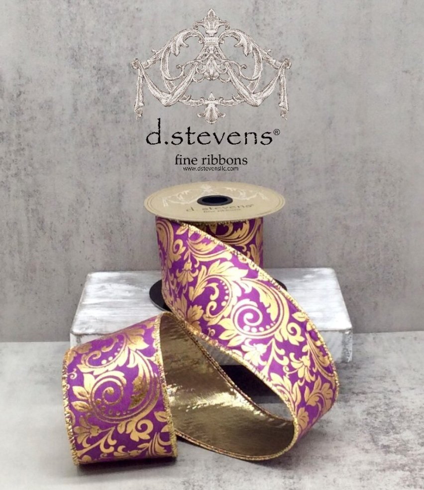 D. Stevens 2.5" Taffeta Gold Foil Acanthus Leaves, Purple, Gold Back (10 Yards) 09 - 4885 - White Bayou Wreaths & Supply