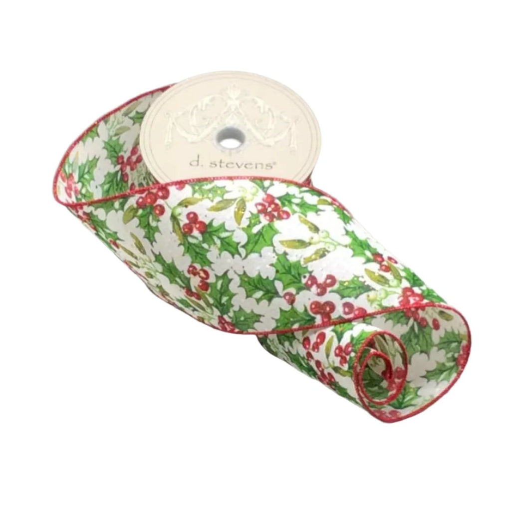 D. Stevens 4" Linen Holly, Red Berries: Ivory, Red, Green (10 Yards) 15 - 7842 - White Bayou Wreaths & Supply