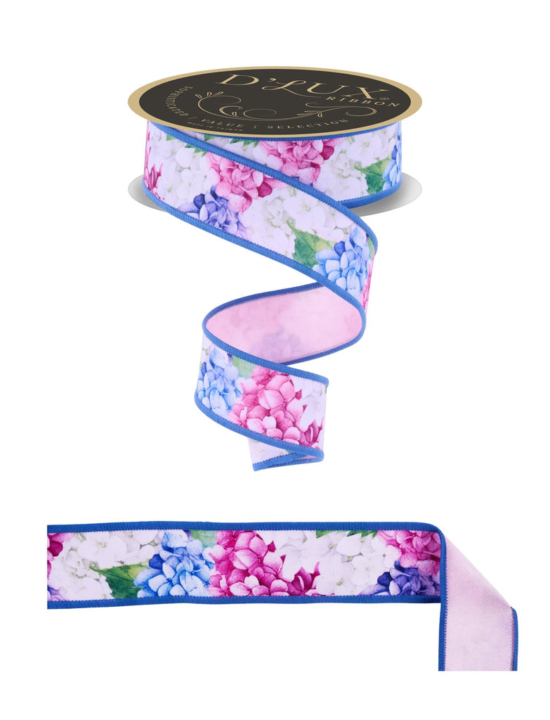 D'Lux 1.5" Hydrangeas/Fused: Pink, Purple, Blue (10 Yards) LX1061WT - White Bayou Wreaths & Supply