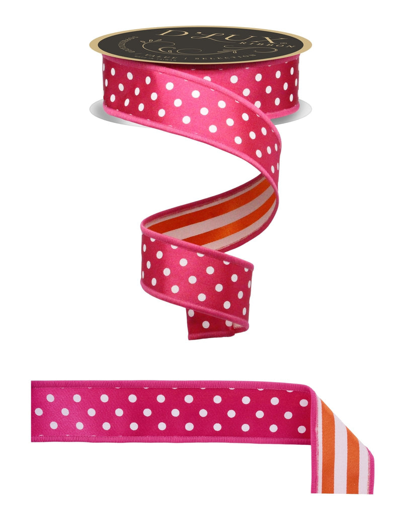 D'Lux 1.5" Polka Dot/Stripe/Fused: Hot Pink, White, Orange (10 Yards) LX3061JA - White Bayou Wreaths & Supply