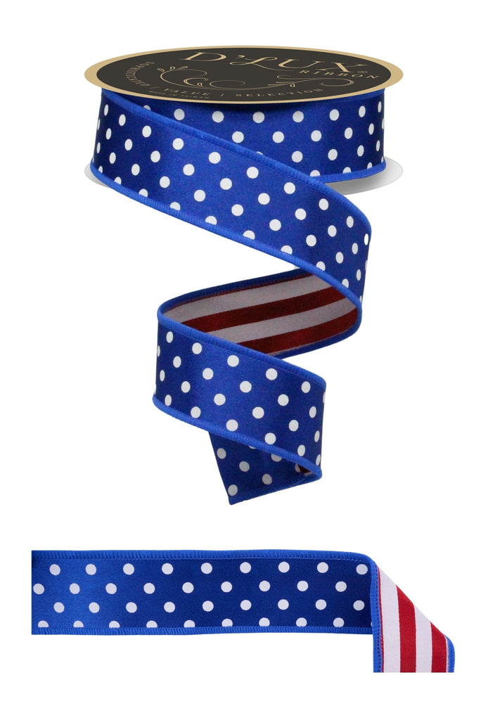 D'Lux 1.5" Polka Dot/Stripe/Fused: Royal Blue, Red, White (10 Yards) LX3064C9 - White Bayou Wreaths & Supply