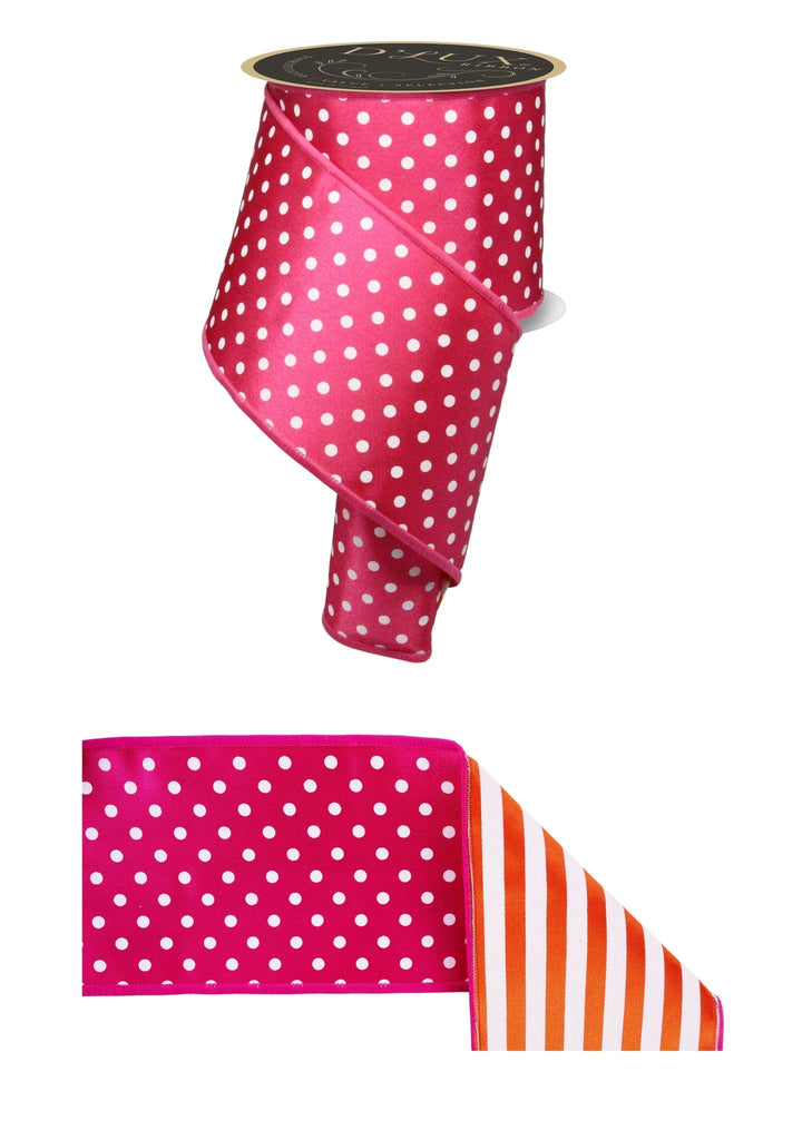 D'Lux 4" Polka Dot/Stripe/Fused: Hot Pink, White, Orange (10 Yards) LX3063JA - White Bayou Wreaths & Supply