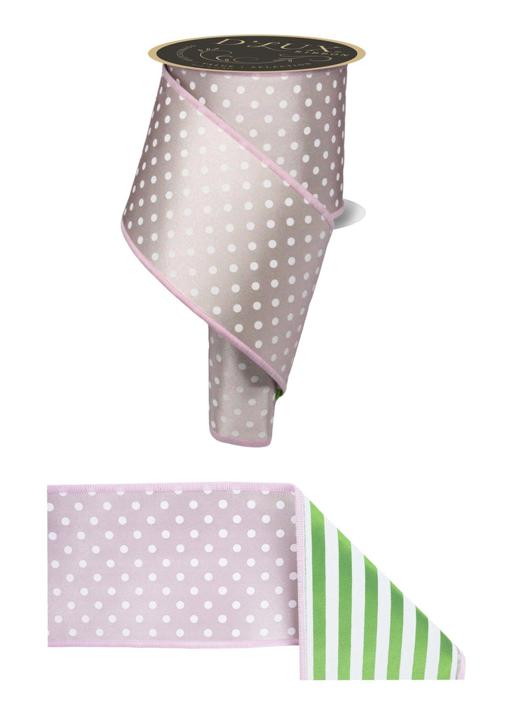 D'Lux 4" Polka Dot/Stripe/Fused: Pink, Fresh Green, White (10 Yards) LX306322 - White Bayou Wreaths & Supply