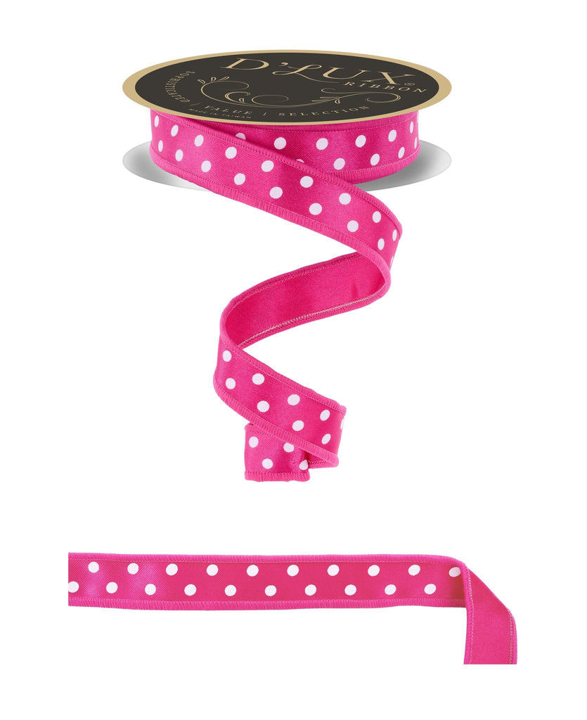 D'Lux 7/8" Small Polka Dot/Fused: Hot Pink, White (10 Yards) LX302911 - White Bayou Wreaths & Supply