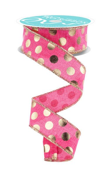 ***EXCLUSIVE*** 1.5" Metallic Polka Dots: Hot Pink, Gold (10 Yards) Only Available at White Bayou! - White Bayou Wreaths & Supply