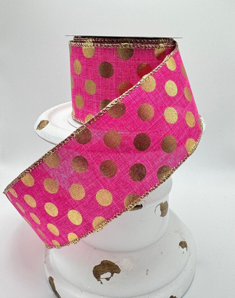 ***Exclusive*** 2.5" Metallic Polka Dots: Fuchsia, Gold (10 Yards) RGE166207 - White Bayou Wreaths & Supply