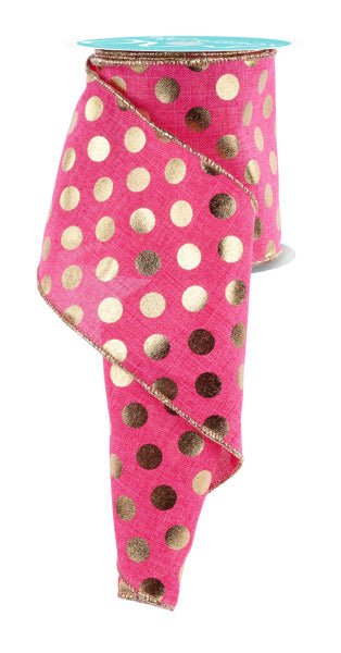 ***EXCLUSIVE*** 4" Metallic Polka Dots: Hot Pink, Gold (10 Yards) Only Available at White Bayou! - White Bayou Wreaths & Supply