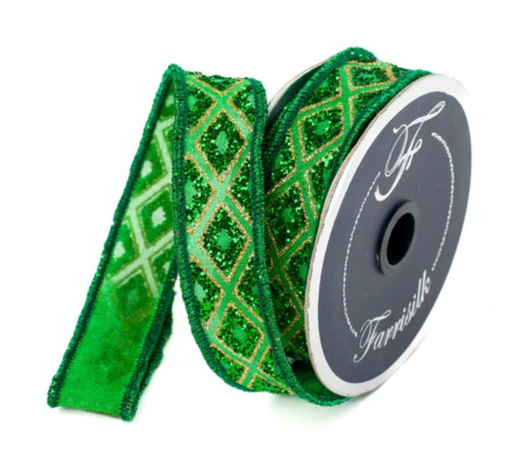 Farrisilk 1" Marquise Diamond: Emerald Green (10 Yards) RK281 - 55 - White Bayou Wreaths & Supply