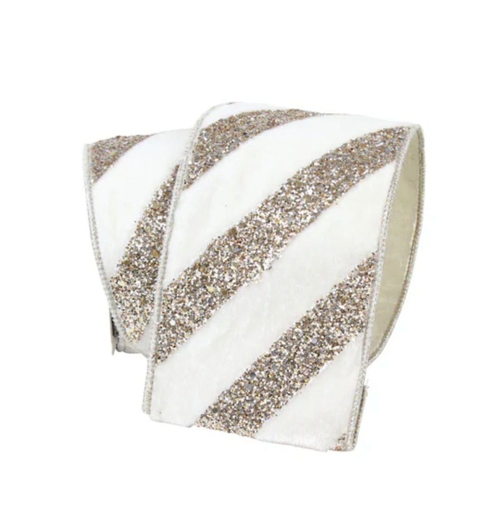 Farrisilk 4" Chunky Glitter Stripes: White, Champagne (5 Yards) RG053 - 62 - White Bayou Wreaths & Supply