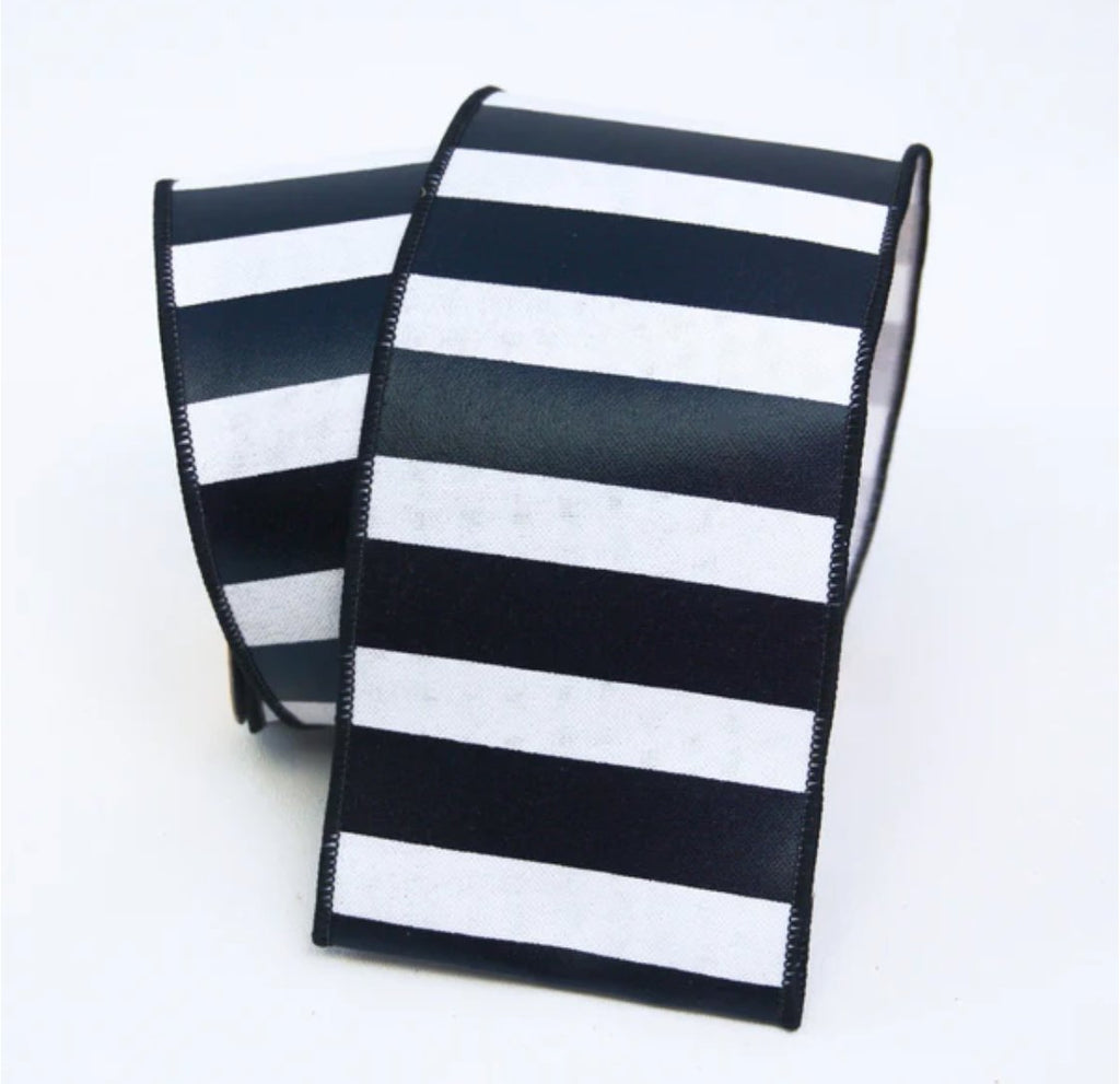 Farrisilk 4" Foil Horizontal Stripes: Black, White (10 Yards) RA749 - 92 - White Bayou Wreaths & Supply