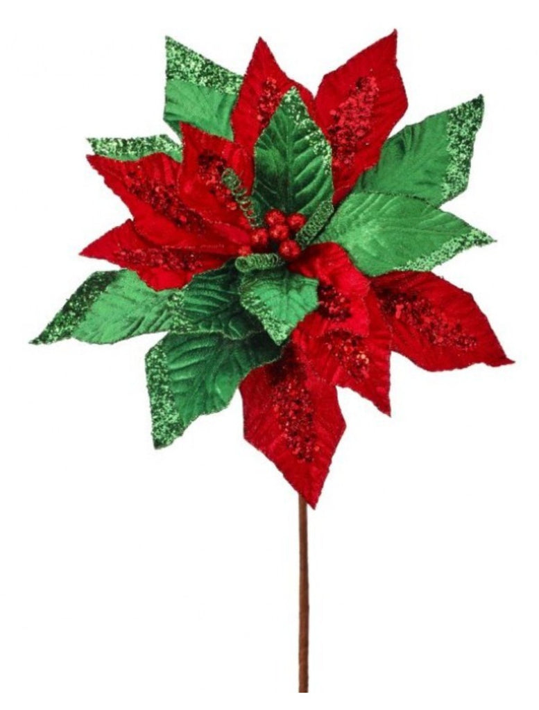 Regency 22" Classic Christmas Velvet Poinsettia Stem: Red, Emerald - MTX73396 - White Bayou Wreaths & Supply