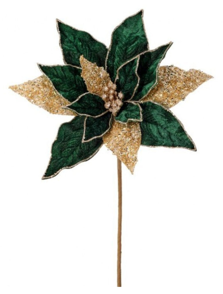 Regency 24" Regal Velvet w/ Glitter Poinsettia Stem: Green, Gold - MTX73519 - White Bayou Wreaths & Supply