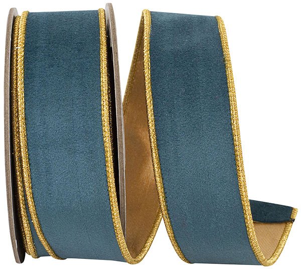 Reliant 1.5" Velvet Touch Deluxe Metallic Backed: Teal, Gold (5 Yards) 94448W - 916 - 09D - White Bayou Wreaths & Supply