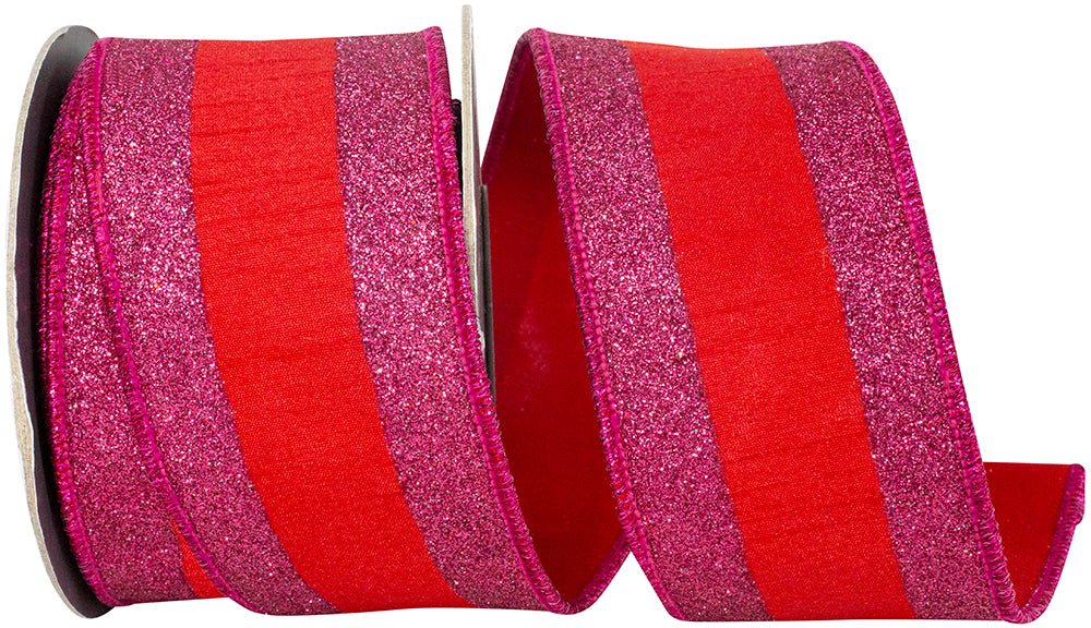 Reliant 2.5" Glitter Striped Edging Deluxe Dupioni: Red, Fuchsia (5Yards) 94513W - 552 - 40D - White Bayou Wreaths & Supply