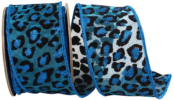 Reliant 2.5" Leopard Spot Tissue Silk Deluxe Wired Edge : Turquoise, Black, Gold (5 Yards) 94439W - 913 - 40D - White Bayou Wreaths & Supply