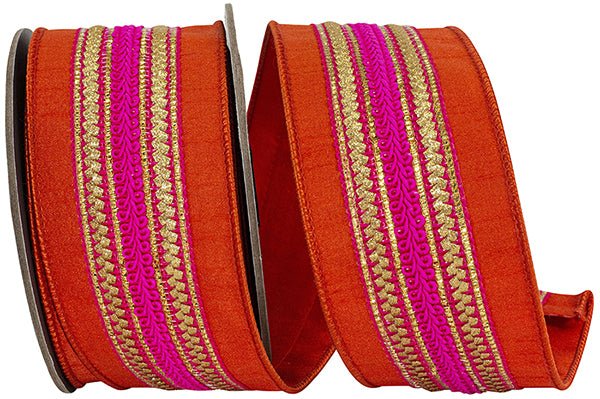 Reliant 2.5" Regal Striped Deluxe Dupioni: Orange, Hot Pink, Gold (5 Yards) 94457W - 085 - 40D - White Bayou Wreaths & Supply