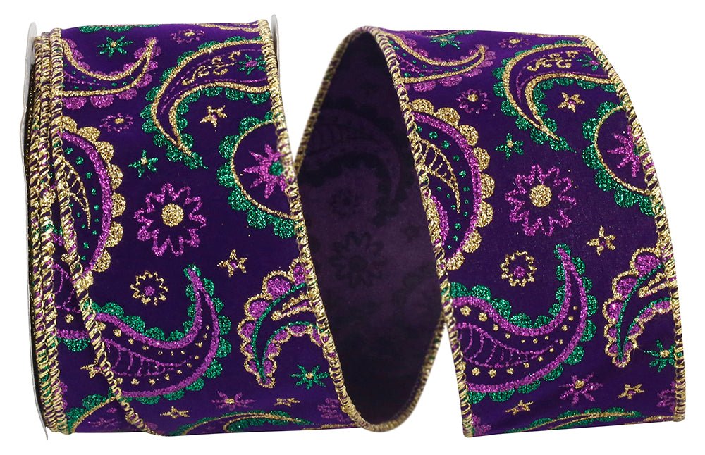 Reliant 2.5" Velvet Paisley Mardi Gras (10 Yards) 93035W - 001 - 40F - White Bayou Wreaths & Supply