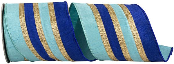 Reliant 4" Deluxe Dupioni Striped Trimming Overlay: Blue, Gold (10. Yards) 94427W - 053 - 10D - White Bayou Wreaths & Supply