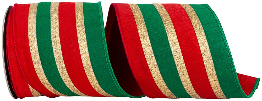 Reliant 4" Deluxe Dupioni Striped Trimming Overlay: Red, Green, Gold (10. Yards) 94385W - 985 - 10D - White Bayou Wreaths & Supply