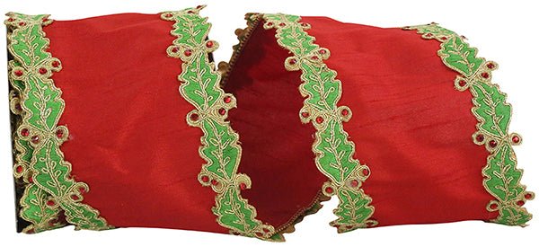 Reliant 4" Holly Leaf Jewel Embroidery Edge Overlay Dupioni: Red, Green, Gold (5 Yards) 93439W - 985 - 10D - White Bayou Wreaths & Supply