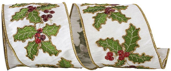 Reliant 4" Holly Leaves Sequin Embroidered Dupioni: White, Green, Red, Gold (5 Yards) 93886W - 030 - 10D - White Bayou Wreaths & Supply