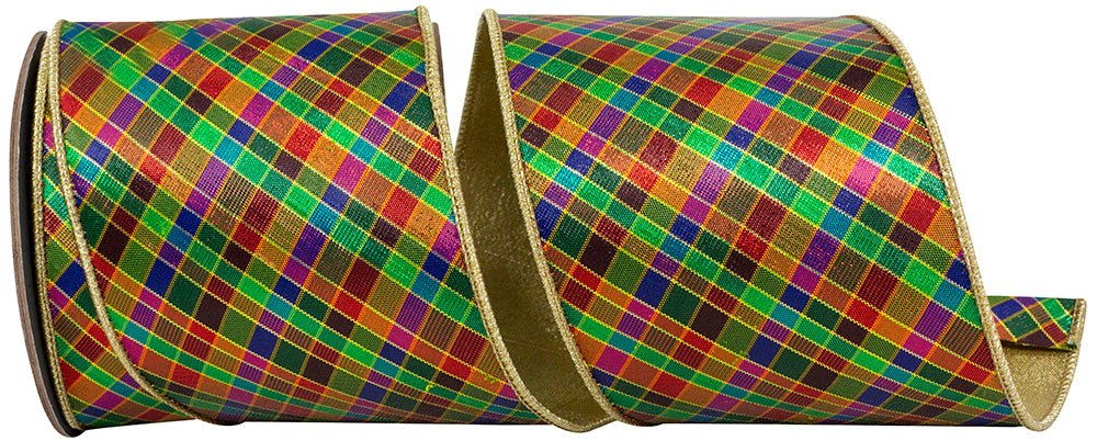 Reliant 4" Plaid Metallic Jewel Tone Deluxe Metallic Back (5 Yards) 94438W - 001 - 10D - White Bayou Wreaths & Supply