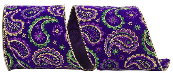 Reliant 4" Velvet Paisley Mardi Gras (10 Yards) 93035W - 001 - 10F - White Bayou Wreaths & Supply