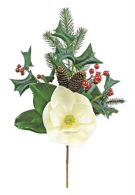 Select Artificials 19" Magnolia, Holly Berry, Pinecone & Fir Spray - XF632 - White Bayou Wreaths & Supply