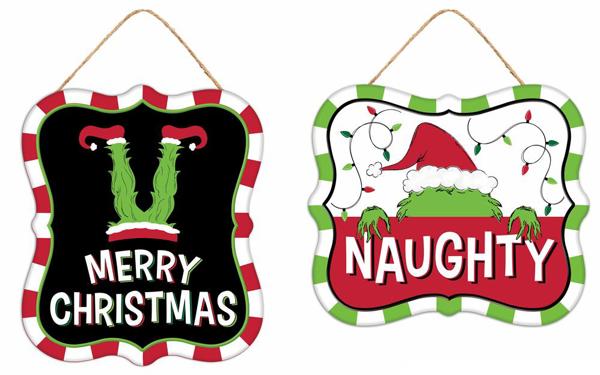 Two 7"H x 6"L Tin Christmas Green Monster Signs - MD1214 - White Bayou Wreaths & Supply