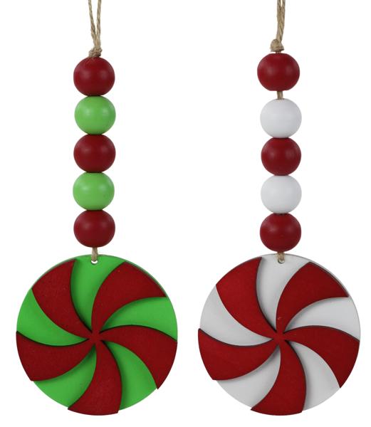 Two Assorted 6.5"L Wood Bead Peppermint Ornaments - XA119541 - White Bayou Wreaths & Supply