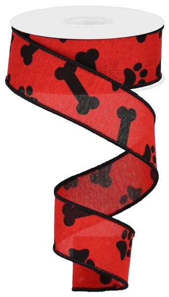 1.5" Paw Print and Bones on Royal: Red, Black (10 Yards) RGA114724 - White Bayou Wreaths & Supply