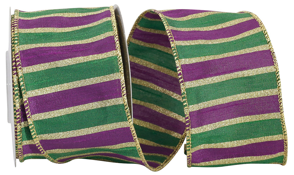 Mardi Gras Glitter Chevron Ribbon, Purple/Emerald Green/Gold, Wired Ribbon,  2.5