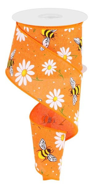 Wired Ribbon * Bumble Bees And Daisies * Beige, White, Yellow, Green,  Orange and Black * 2.5 x 10 Yards * RGC184801