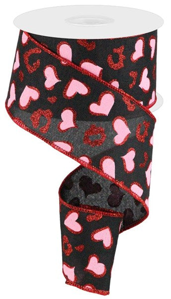 Black Red Hot Pink White - Multi Leopard Hearts Drift Ribbon - 2-1/2 Inch X  10 Yards